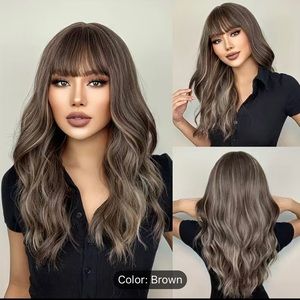 Human hair blend brown highlights platinum blonde wig.